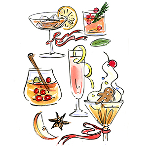 Coctails Christmas Watercolor and Ink Illustraztion